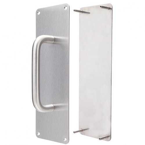 Puxador em aço inoxidável 150mm e placa de empurrar 300x100x2,0mm placa com puxador em D E102C+ E102V-E5, fixação oculta e fixação visível